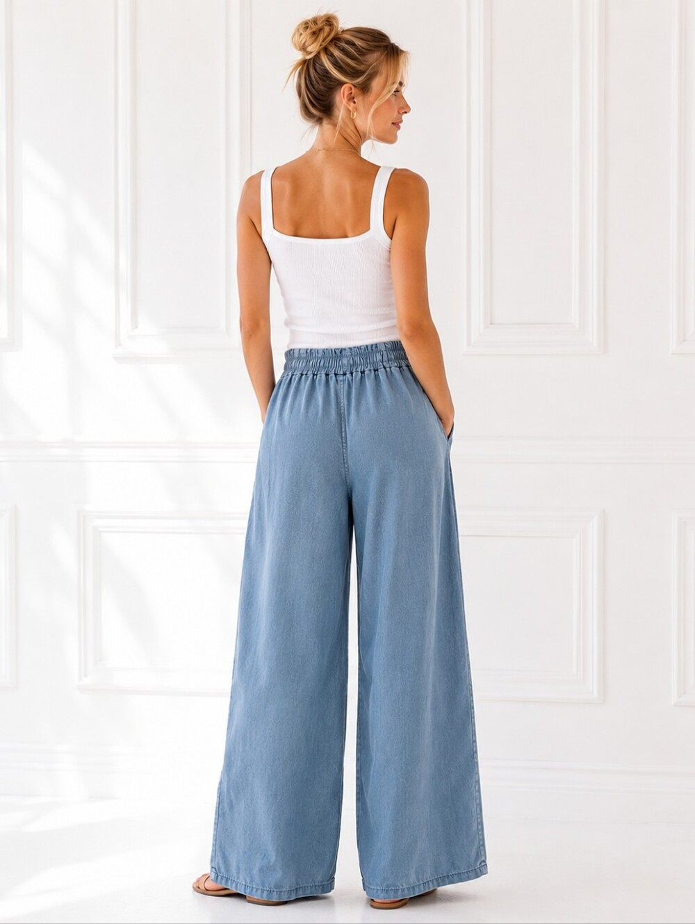 Karamel Italy Tencel Wide Leg Pull-On Pants | Elastic Waist | Light Blue - Picture 2 of 8
